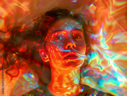 A woman s face is reflected in a colorful  swirling background