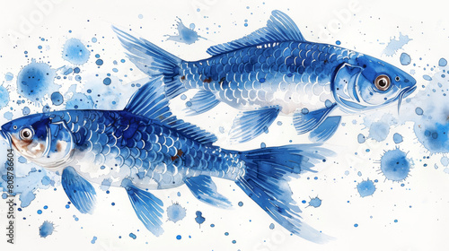 Watercolor hand drawn blue fish isolated on white background.