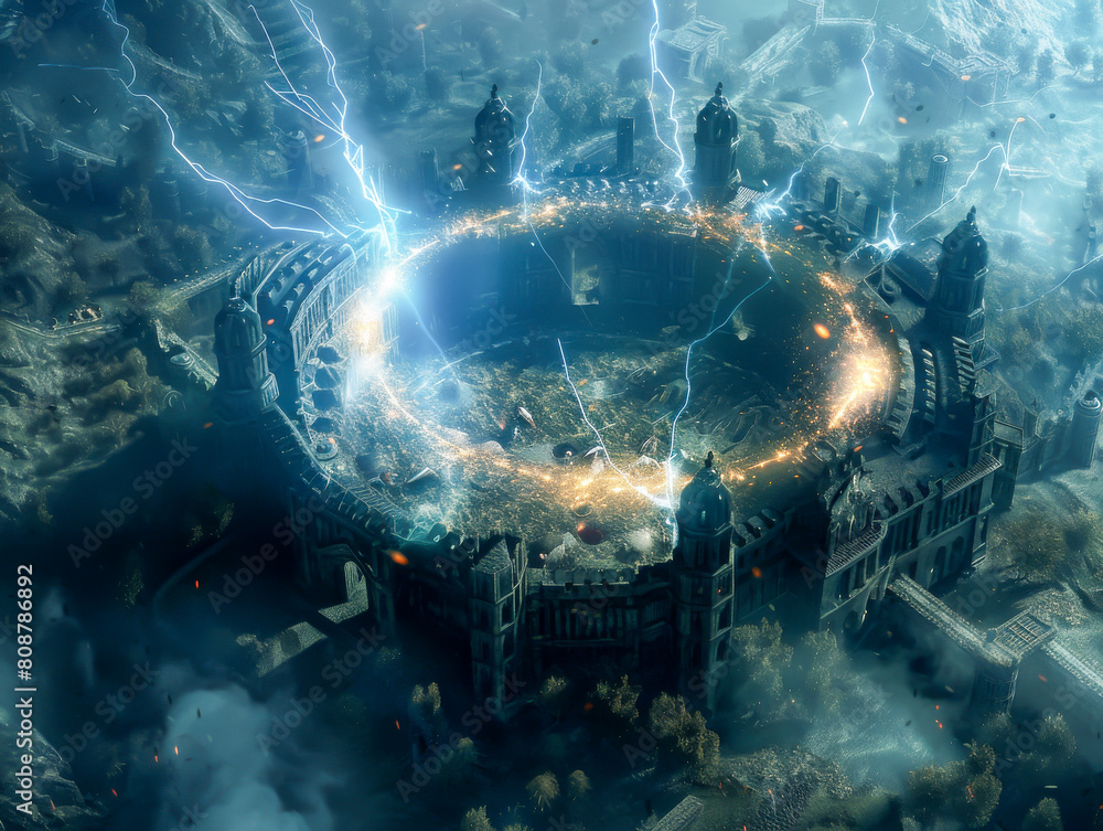 A large, circular building with a storm in the background A large, circular building with a storm in the background