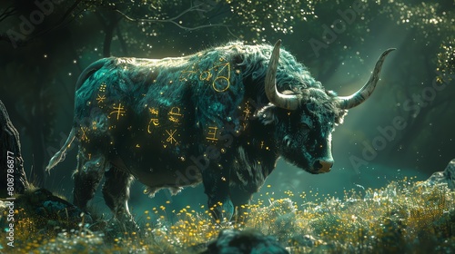 Majestic bull  adorned with luminous runes  standing in a magical forest  3D rendered for fantasy lovers