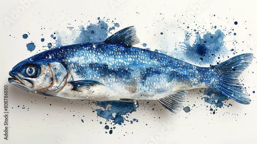 Watercolor hand drawn blue fish isolated on white background.