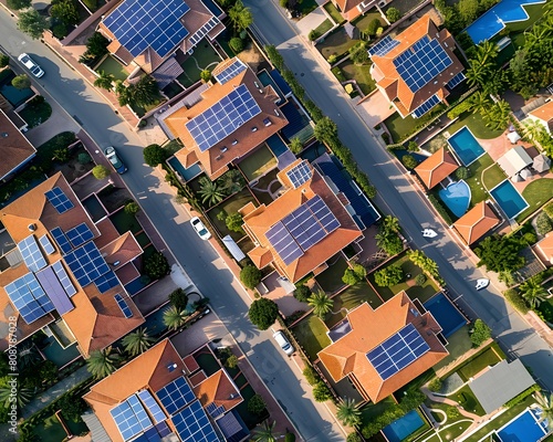 Aerial view of residential houses with solar panels on the roofs with green trees