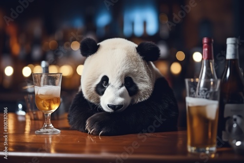 Drinking panda with alcohol in a pub.