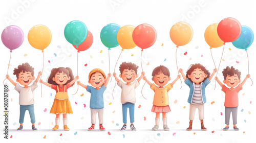 Happy children with balloons on a white background.
