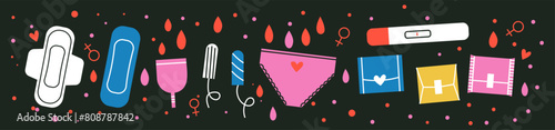 Woman menstruation cycle icons collection on black background. Tampon, feminine, sanitary pads for critical days. Care of hygiene during menstruation. Vector illustration. Flat trendy abstract style