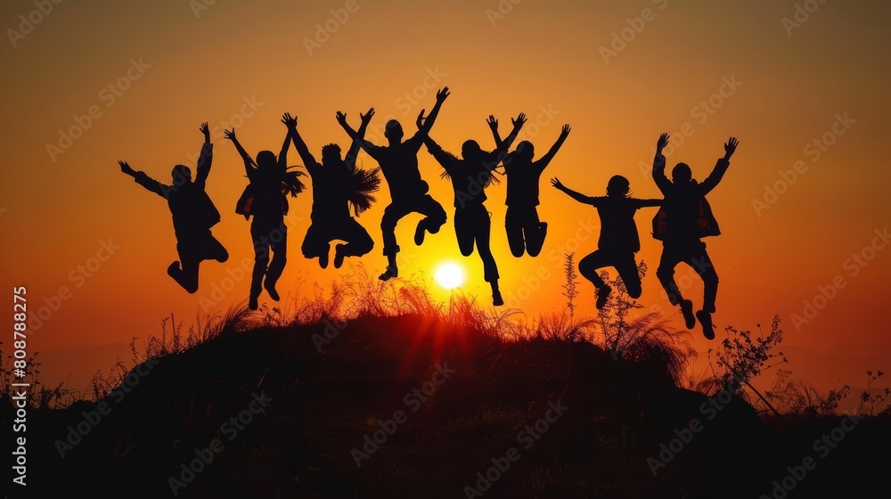 Silhouette of a group of people jumping and having fun together in the sunset light, with their arms raised to show happiness and success on top of a hill Silhouette of a group of people jumping and having fun together in the sunset light, with their arms raised to show happiness and success on top of a hill