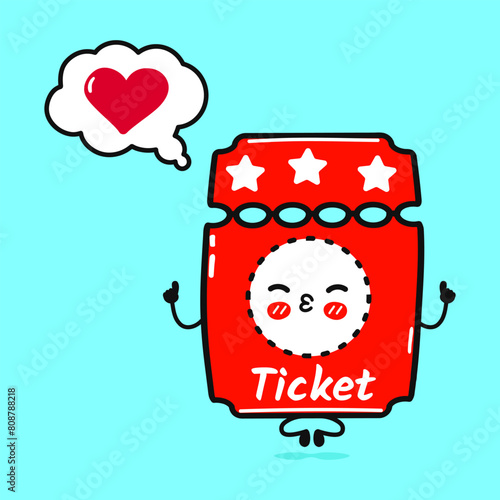 Cinema ticket doing yoga with speech bubble. Vector hand drawn cartoon kawaii character illustration icon. Isolated on blue background. Cinema ticket in love character concept