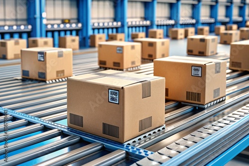 Logistics. Intelligent, automatic packaging of parcels in a warehouse, tags and QR codes in cardboard boxes for effective tracking, authentication and tracking. photo