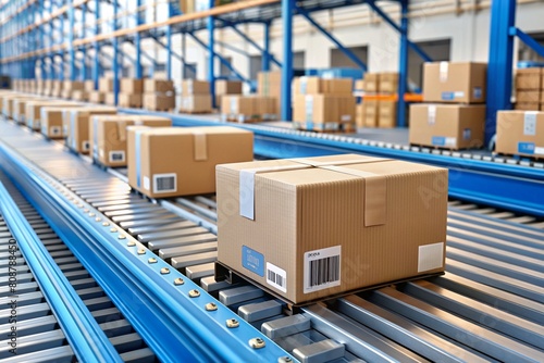 Logistics. Intelligent, automatic packaging of parcels in a warehouse, tags and QR codes in cardboard boxes for effective tracking, authentication and tracking. photo