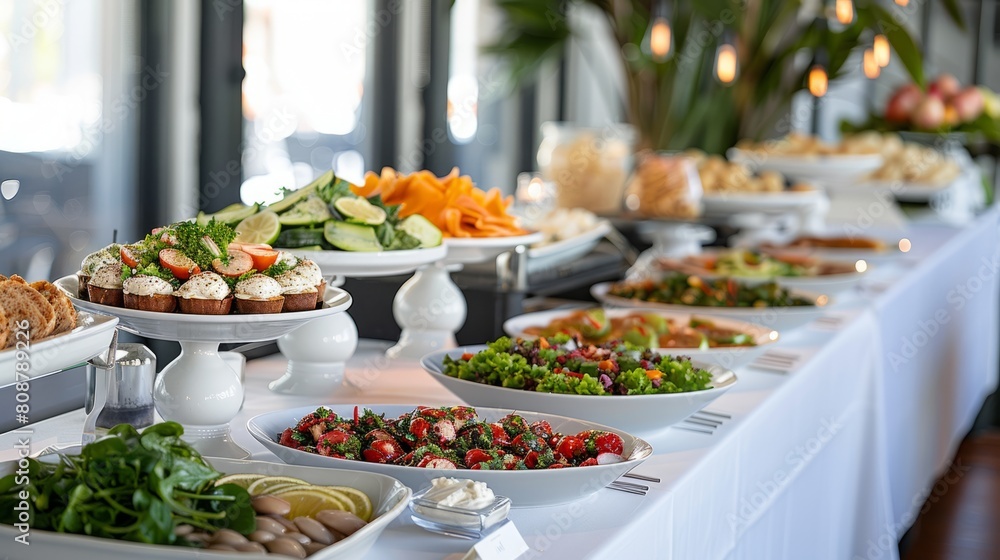 event catering buffet, long tables draped in white tablecloths showcase a selection of dishes in an elegant buffet setup, creating an inviting ambience for a special event