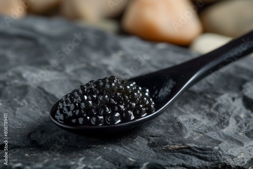 Black caviar spoon. Animal fish gourmet food snack. Generate Ai