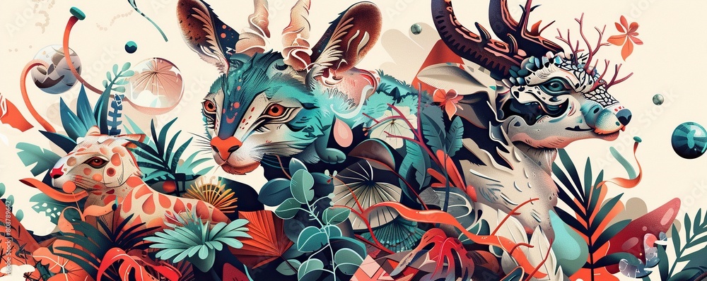 summer background with animal heads in the jungle summer background with animal heads in the jungle