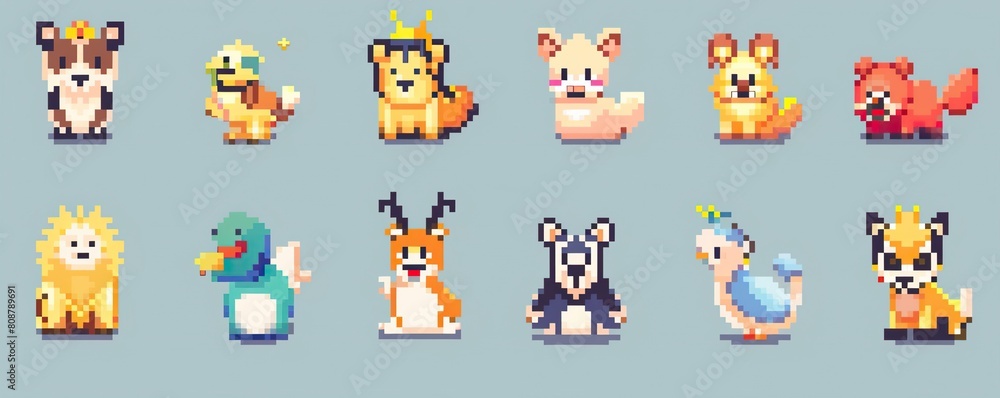 summer background with cartoon animals in the style of pixel art