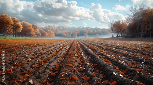 A photorealistic scene of a freshly plowed autumn field, highlighting the fertile earth with deep furrows and a mixture of soil and decomposed leaves. photo