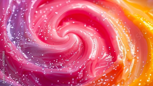 Image shows a close-up of a brightly colored, glittery slime. The colors are pink, blue, and yellow.