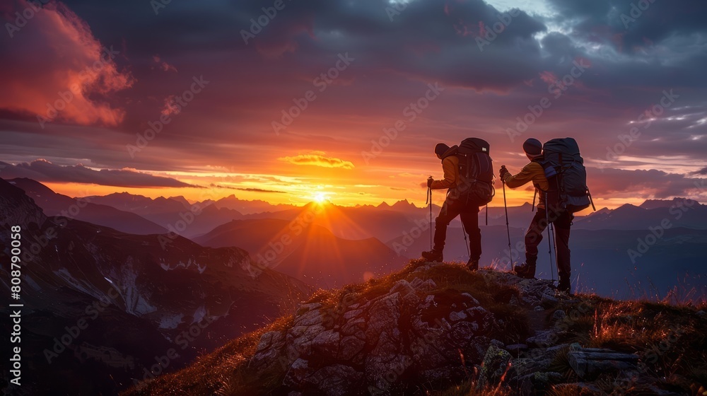 Two hikers helping each other reach the top of the mountain