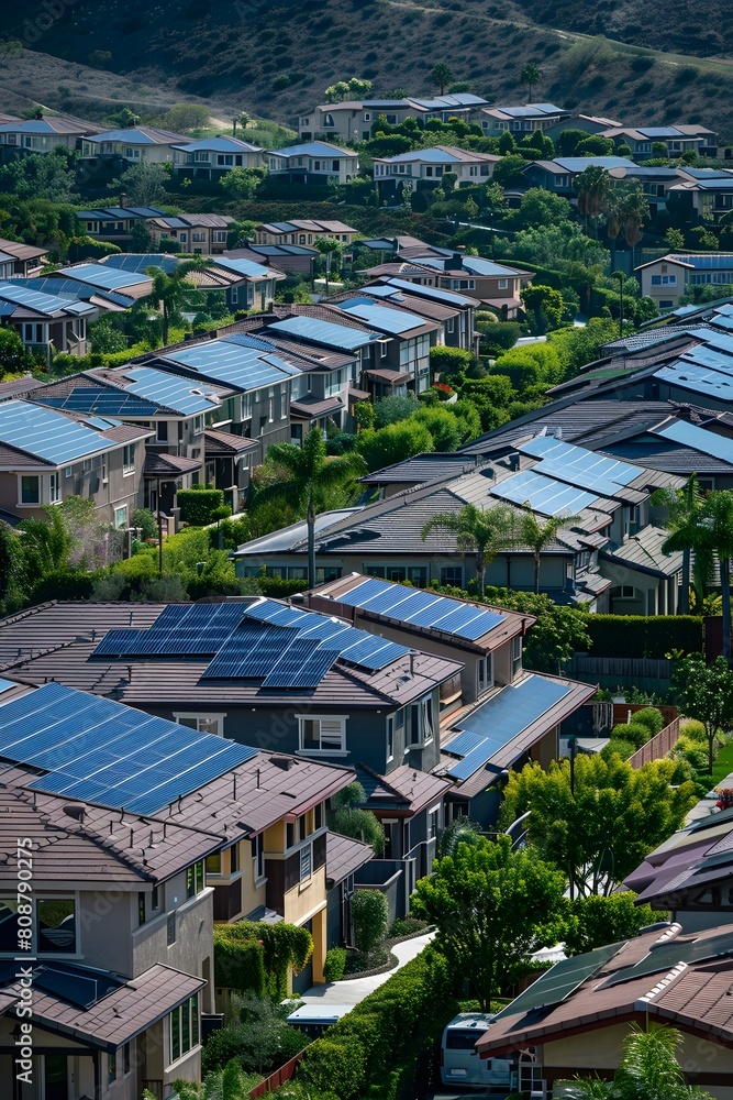 Fototapeta premium Aerial view of residential houses with solar panels on the roofs with green trees