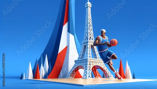 Basketball player and Eiffel tower, Basketball game in France, Olympic games 2024