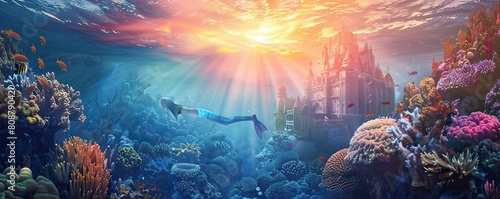 summer background with colorful corals and fish, featuring a variety of fish including orange, yellow, and blue varieties, as well as a small fish and a blue and white fish photo
