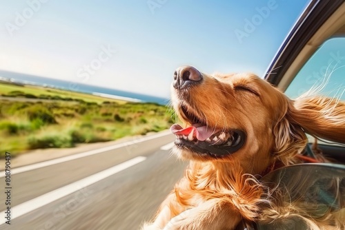 A joyful dog sits in the passenger seat of a car, its head happily out the window as it enjoys the ride.
