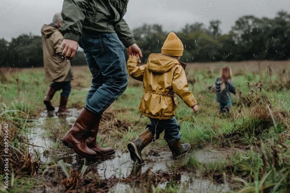 A man and child navigate a muddy field, their footsteps leaving imprints in the soft earth as they journey together through the serene landscape. A man and child navigate a muddy field, their footsteps leaving imprints in the soft earth as they journey together through the serene landscape.