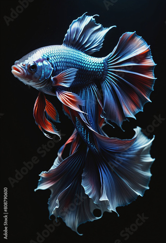 Blue fighting betta fish on black background