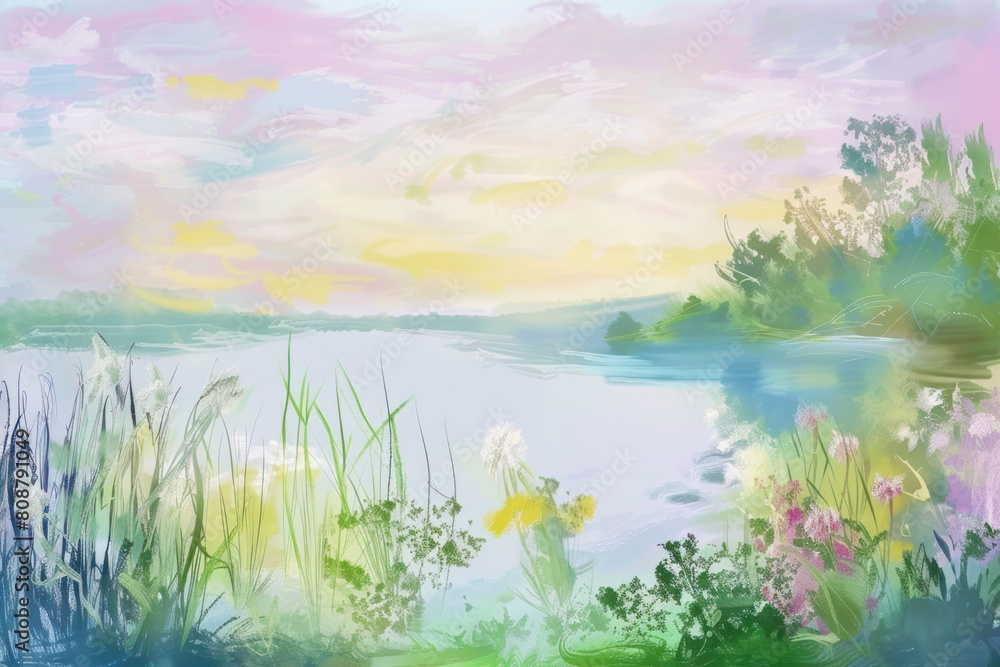 Painting landscape with lake, trees, flowers and blue sky.