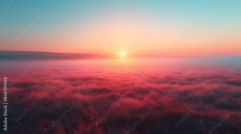 A serene landscape at dawn, where the horizon is gently enveloped in a misty gradient of apricot shades, creating a peaceful, dreamy atmosphere.
