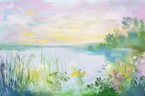 Painting landscape with lake, trees, flowers and blue sky.