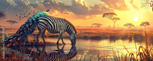 summer background with a zebra and birds