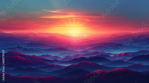 A serene landscape where the horizon shows distinct horizontal layers, each mimicking a vibrant sunset with rich oranges, deep reds, and soft purples, creating a layered tapestry of evening colors.