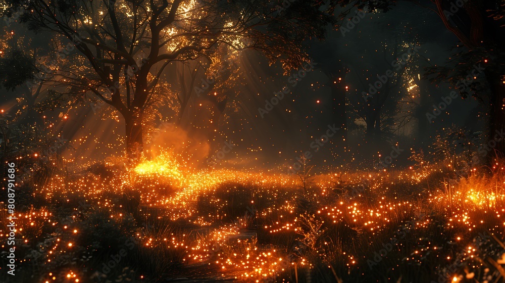 A serene night scene where the only light comes from glowing embers in a field, casting a rich amber glow that lights up the nearby foliage and creates a magical, fairy-tale atmosphere.