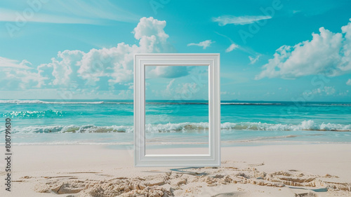 Tropical summer beach background with a white frame and copy space for text