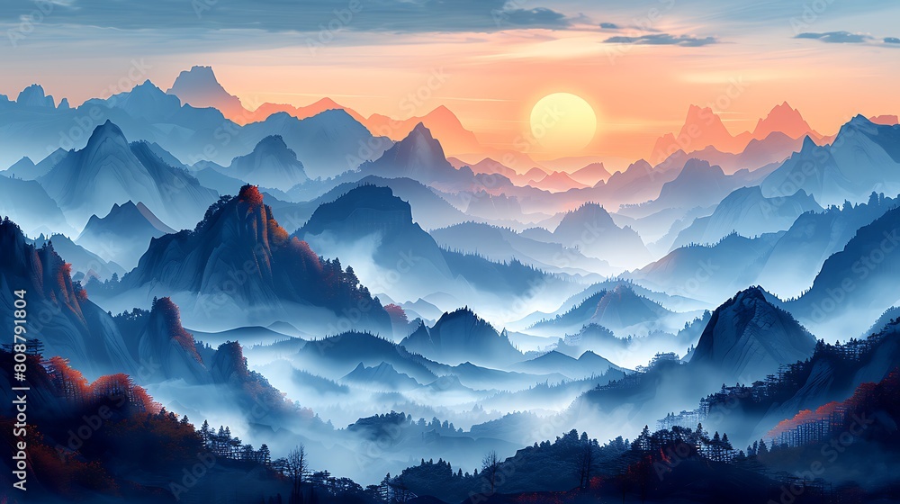 A serene panorama of misty mountains, with layered silhouettes fading into varying shades of gray, capturing the quiet majesty of a mountain range at dawn.