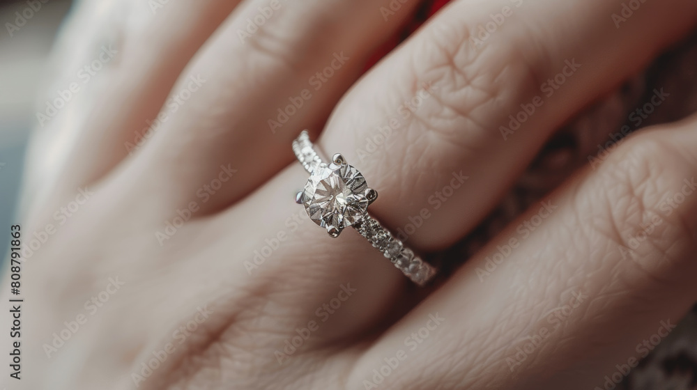 Close-up of an elegant engagement ring embracing a tender finger grasp. Close-up of an elegant engagement ring embracing a tender finger grasp.