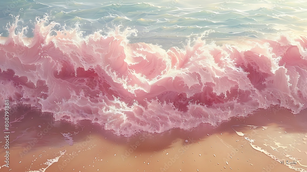 A serene seascape depicting gentle waves in a blush pink hue, softly rolling onto a sandy shore, highlighted by soft white crests that catch the morning light. A serene seascape depicting gentle waves in a blush pink hue, softly rolling onto a sandy shore, highlighted by soft white crests that catch the morning light.