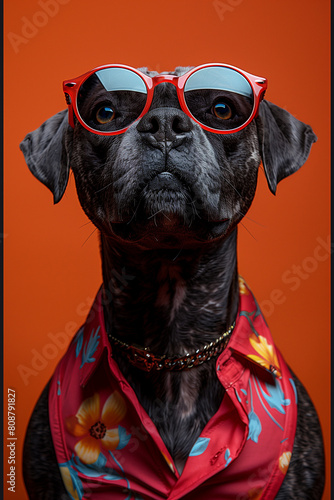 Colorful Image of A Dog Profile Wearing Sunglasses and A Vibrant T-shirt Against A Solid-Colored Background