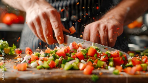 A close-up shot of a chef's hands expertly chopping