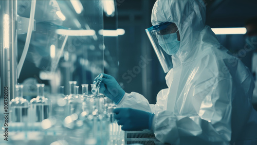 Researcher in protective gear meticulously handles lab tests amidst sterile blue tones. photo