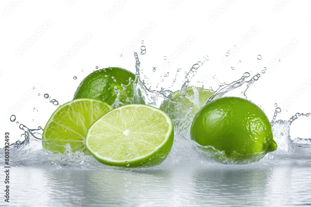 Refreshing limes with water splashes on transparent background Refreshing limes with water splashes on transparent background