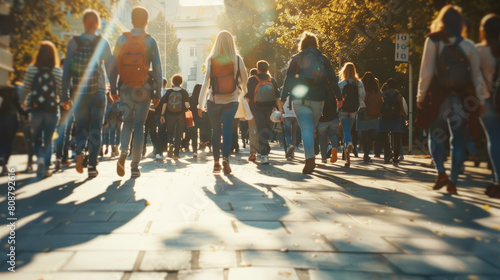 Sunlit crowd of people walking on a city street, caught in a moment of shared direction. photo