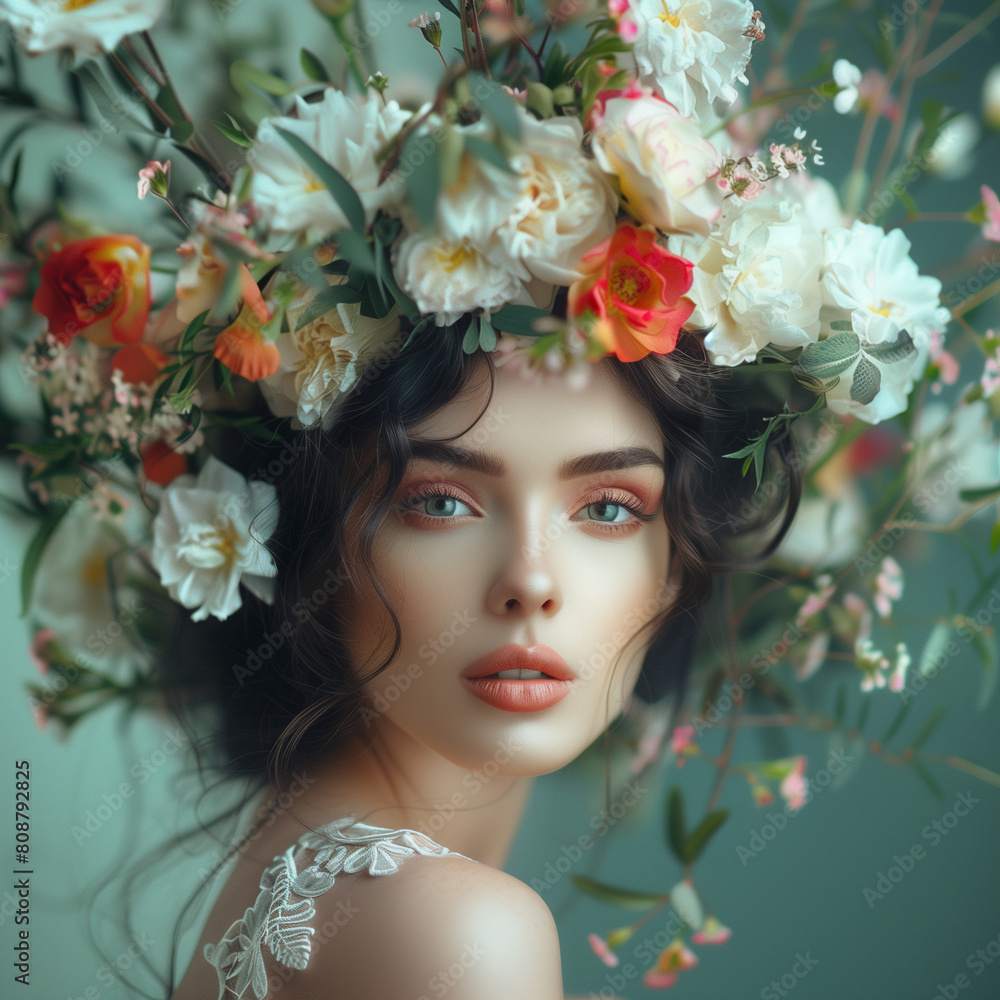 This portrait features an expressive woman encircled by various white and colorful flowers, exuding a sense of beauty and fantasy This portrait features an expressive woman encircled by various white and colorful flowers, exuding a sense of beauty and fantasy