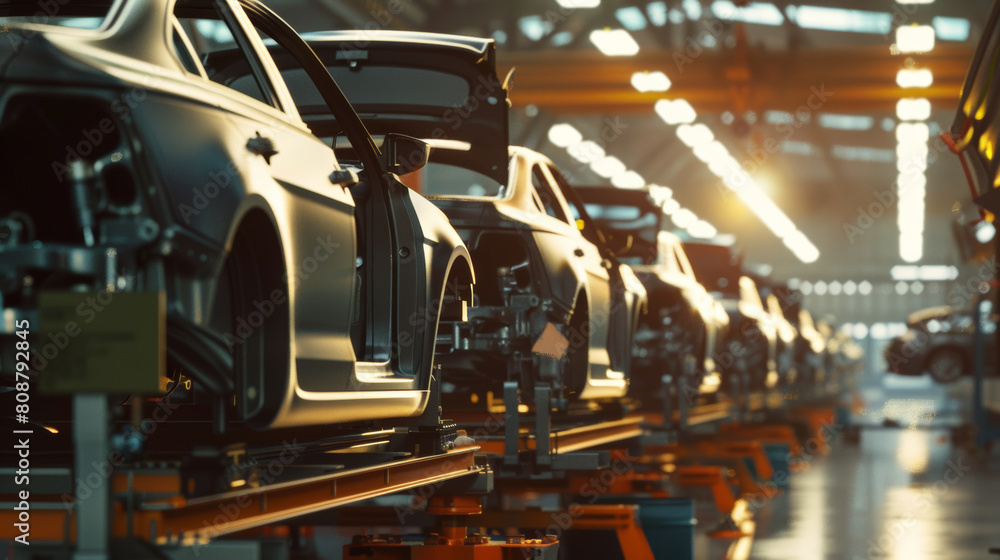 Assembly line of unfinished car bodies in a modern automotive manufacturing plant. Assembly line of unfinished car bodies in a modern automotive manufacturing plant.