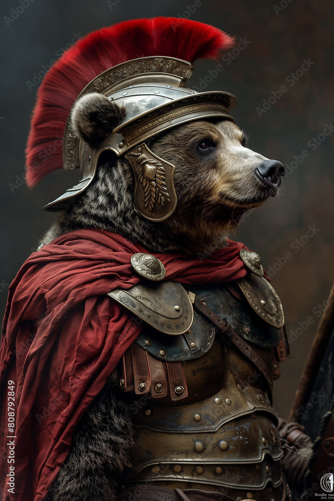 The Profile of an Adult Bear Portrayed as a Roman Soldier Against a Single-Color Background