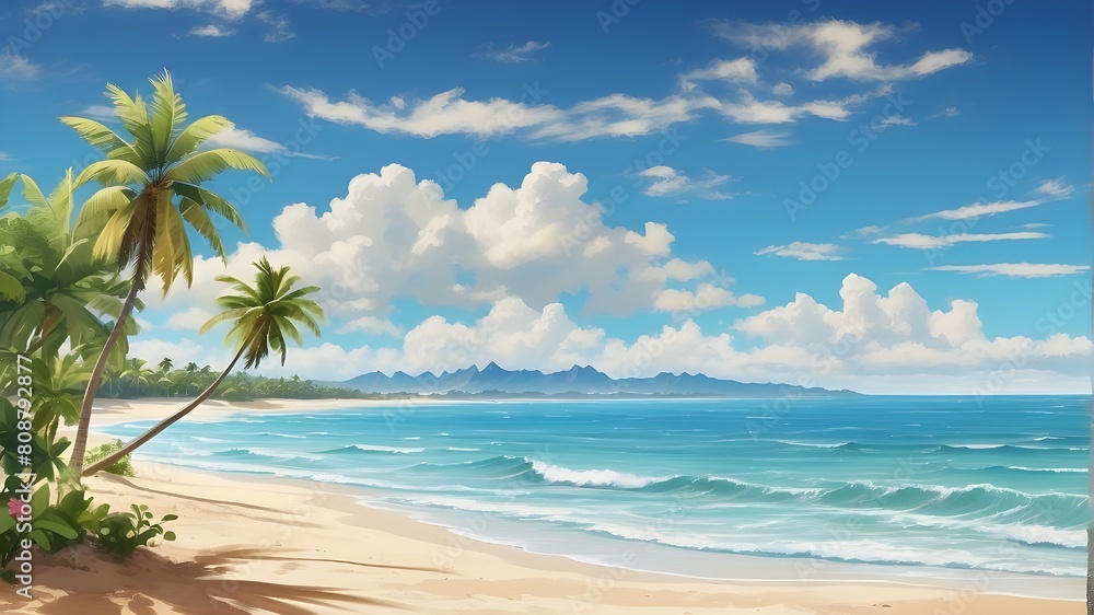 Sunny tropical beach with soft waves and a blue sky