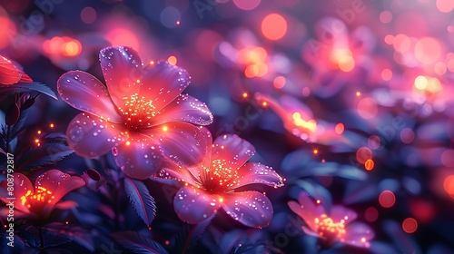 A stunning digital garden scene featuring neon purple flowers blooming vibrantly against a dynamic, pixelated digital backdrop. photo