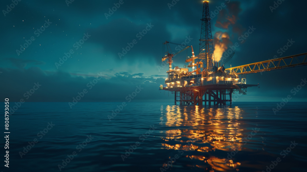 Oil rig illuminated at night reflecting on the ocean surface.