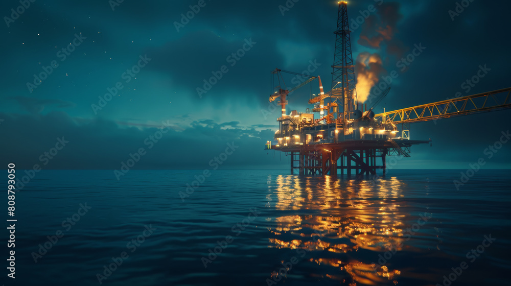 Oil rig illuminated at night reflecting on the ocean surface. Oil rig illuminated at night reflecting on the ocean surface.