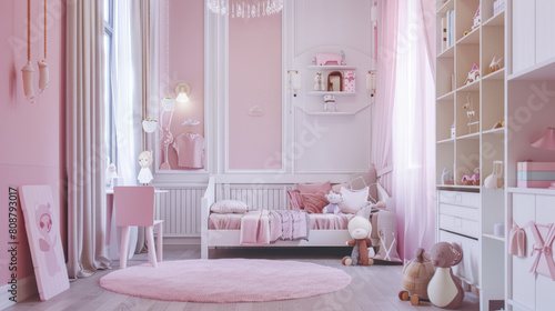 A child s pink-hued bedroom exudes calmness and creativity with cute toys and decor.