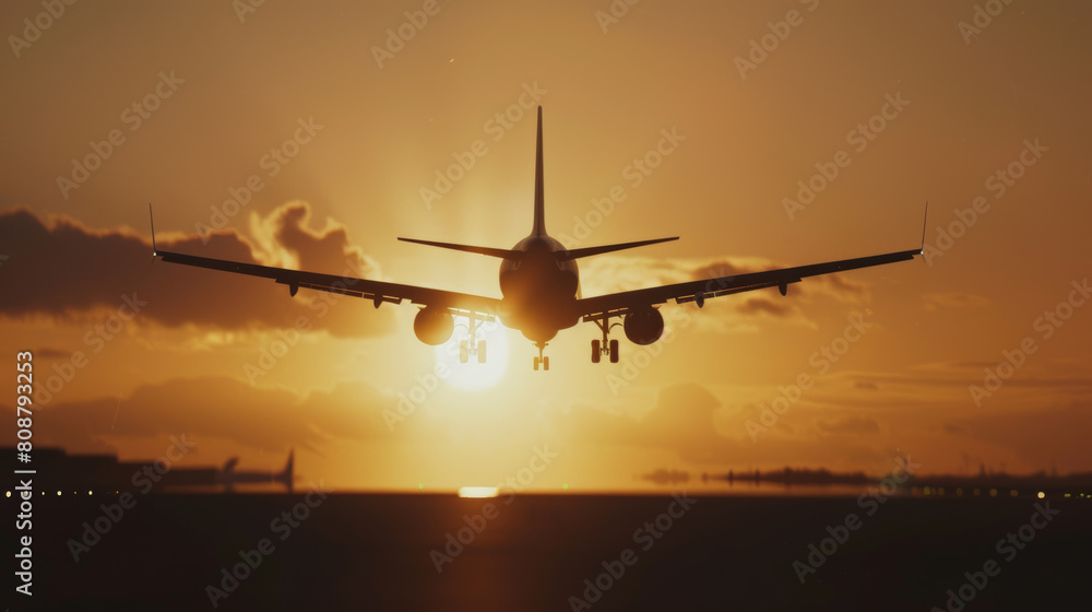 A commercial jet silhouetted against a golden sunset, portraying the romance of travel. A commercial jet silhouetted against a golden sunset, portraying the romance of travel.
